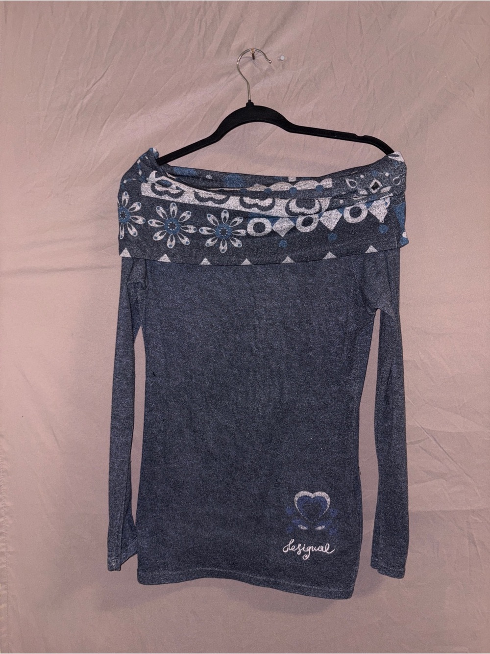 Desigual Blue Off-Shoulder Floral Trim Knit Top